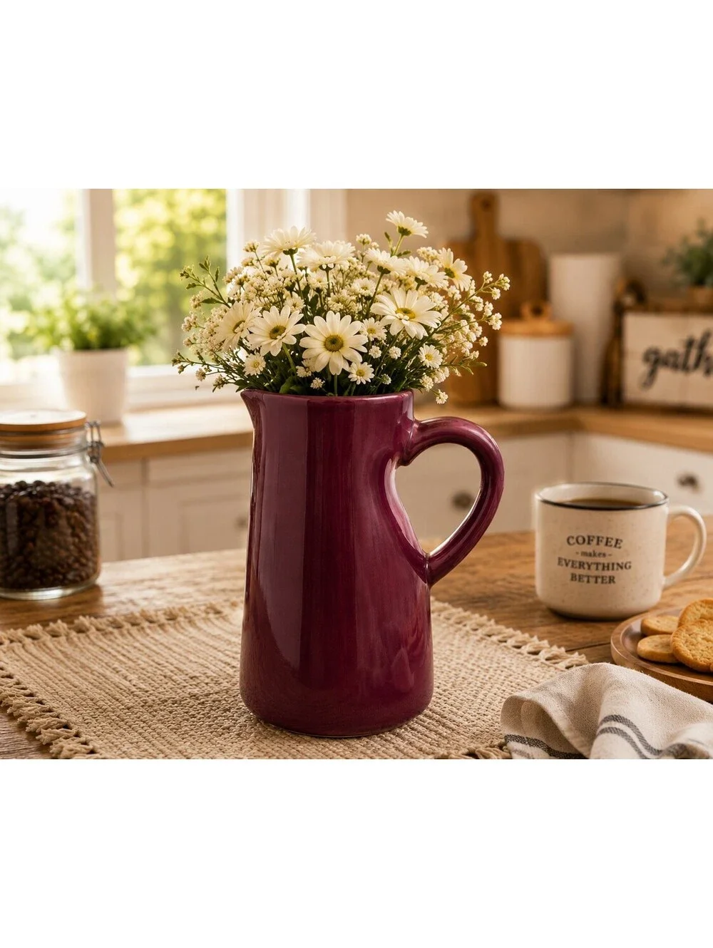 Burgundy Maroon Ceramic Pitcher Jug Heart Handle Vase 6.5